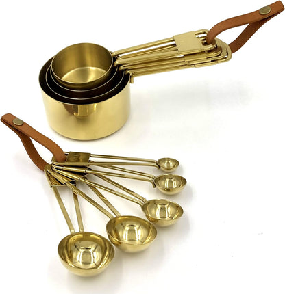 XINLI Measuring Cups and Spoons Set, Stainless Steel with Durable Copper Plating, Plus Brown Leather Buckle