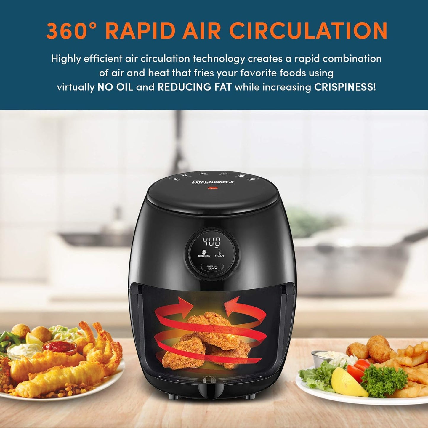 Elite Gourmet EAF-2612DX Personal 2.1Qt Compact Programmable Hot Air Fryer, Oil-Less Healthy Cooker, 1000W, Black
