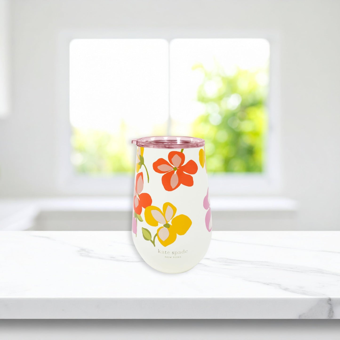 kate spade new york Insulated Stainless Steel Wine Tumbler, 16 Ounce Double Wall Tumbler, Floral Stemless Travel Cup with Lid (Spring Pansies)