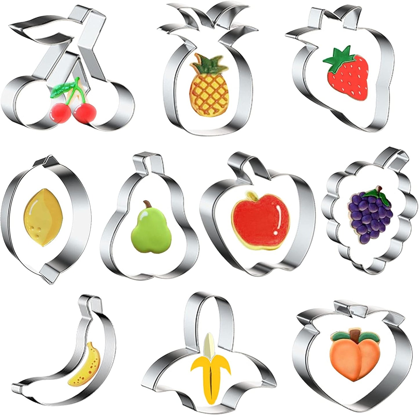 10PCS Stainless Steel Fruit Cookie Cutters Set, Molds for Pineapple, Strawberry, Pear, Lemon, Apple, Grape, Peach,