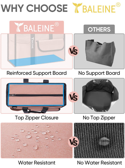 BALEINE Large Utility Tote Bag with Reinforced Bottom, Multi-Pockets and Top Zipper Closure, Perfect for Teachers, Nurses, Travel, Work - Water-Resistant (Medium, Pink)