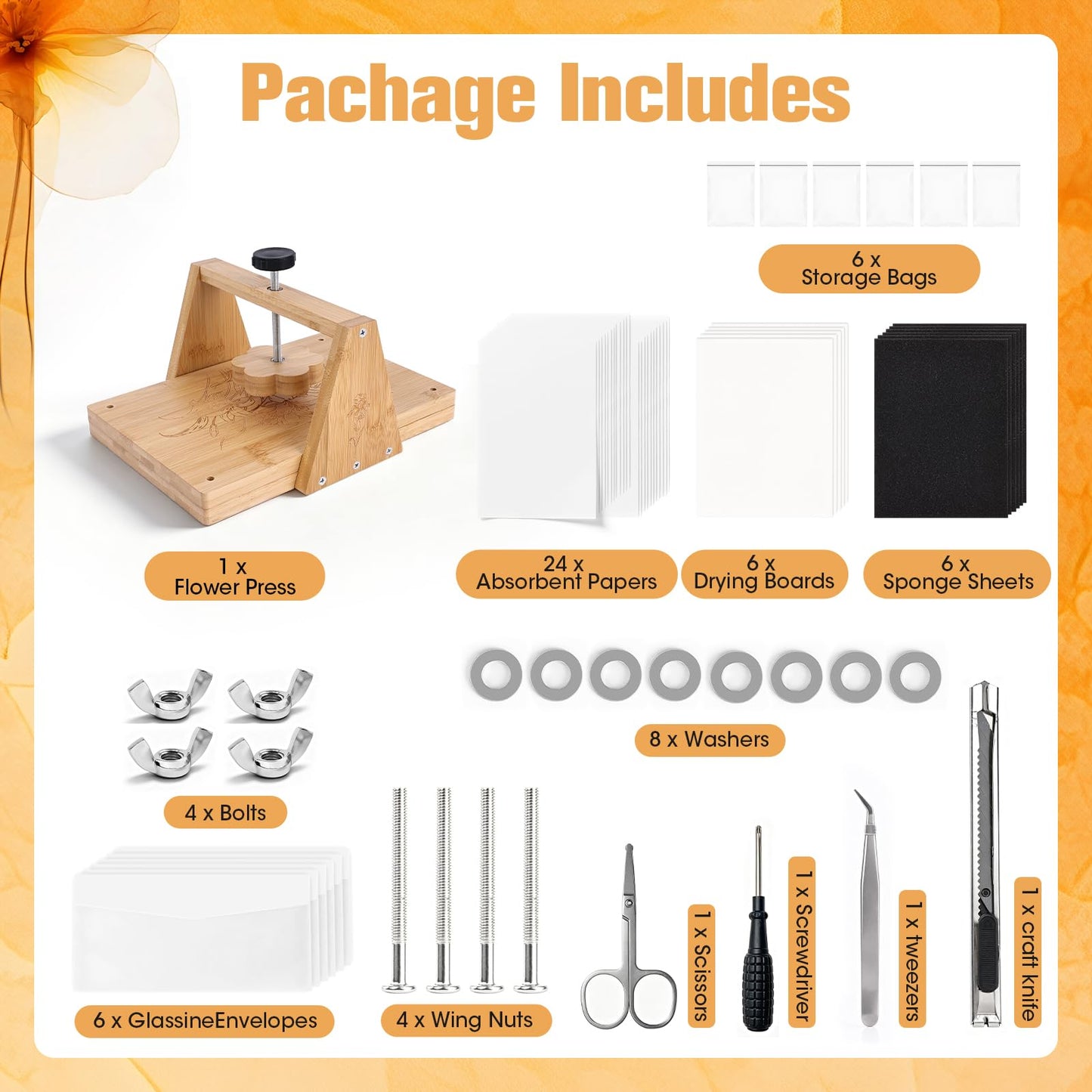 Bemoauty Flower Pressing Kit for Adults and Teens, 6 Layers Wood Flower Press 11.8" x 8", Flower Preservation Kits with 6 Sponge Sheet, Drying Plates and 24 Lining Papers, DIY Art & Crafts Gift