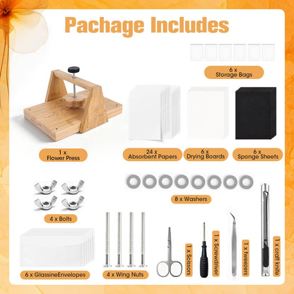 Bemoauty Flower Pressing Kit for Adults and Teens, 6 Layers Wood Flower Press 11.8" x 8", Flower Preservation Kits with 6 Sponge Sheet, Drying Plates and 24 Lining Papers, DIY Art & Crafts Gift