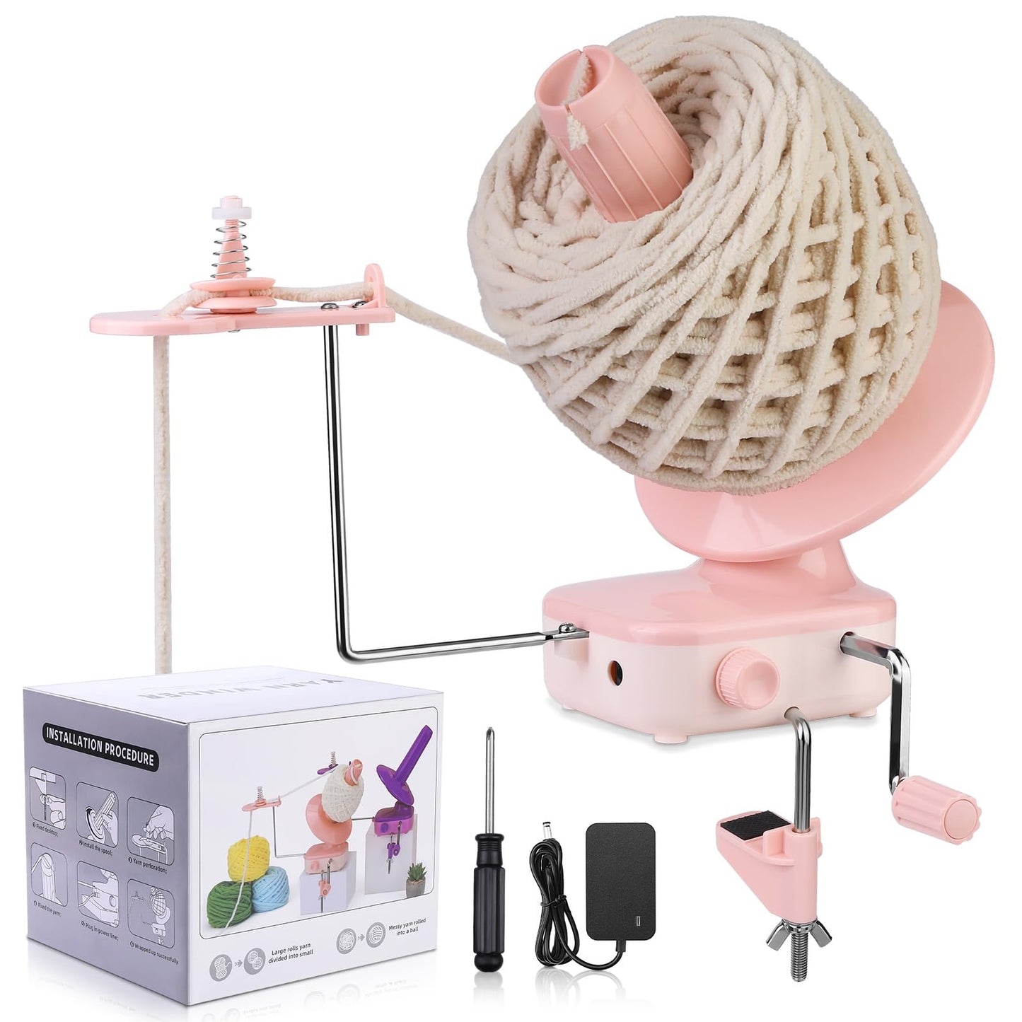 Electric Yarn Winder, Automatic Yarn Ball Winder for Crocheting, Compact Yarn Cake Winder with Strong Tension Stepless Speed for Crocheting & Knitting, Ideal Helper for Yarn Lovers (Pink)