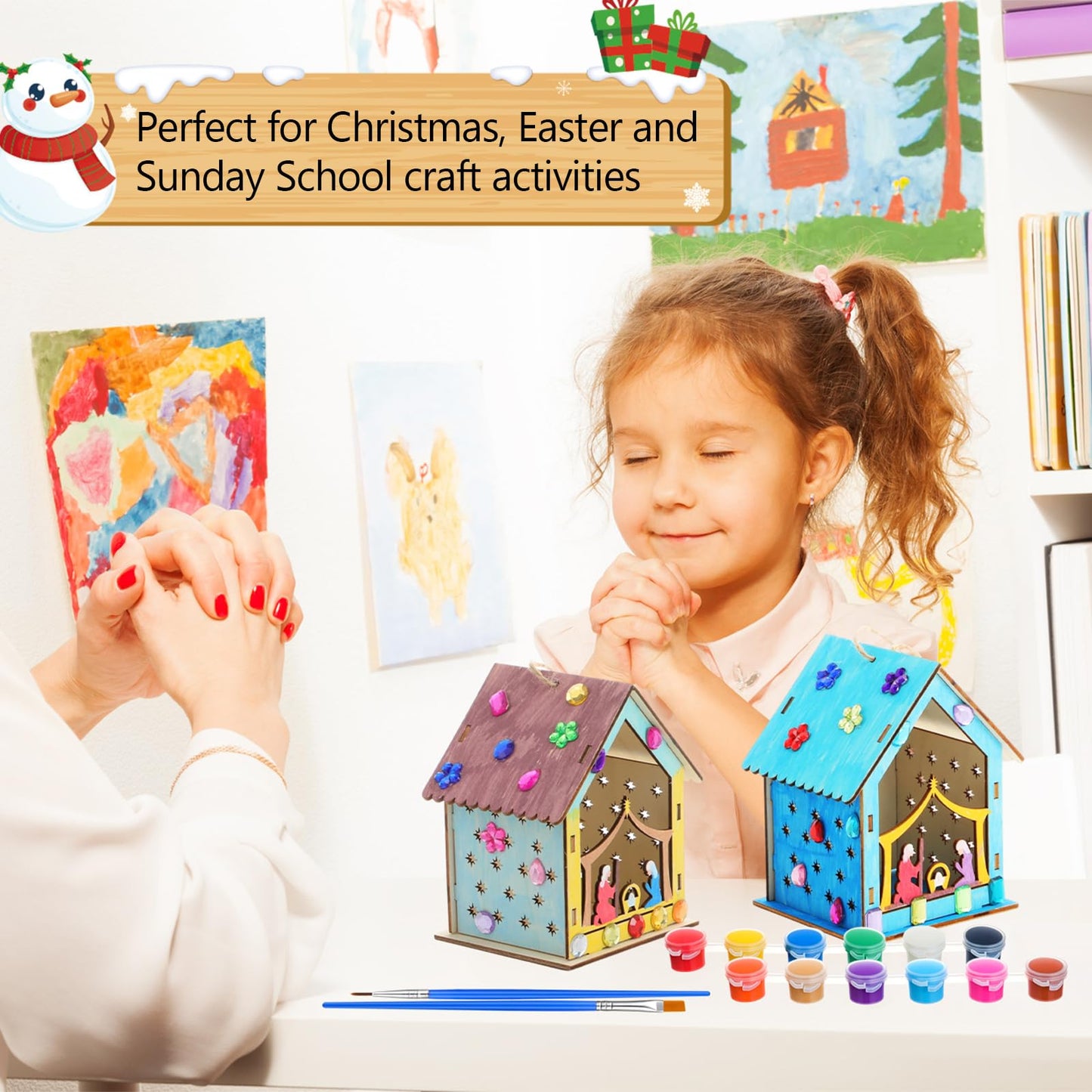 DoubleFill 24 Pcs Christmas Nativity Painting Craft Kits for Kids Make Your Own Religious Jesus House DIY Coloring Wooden Christian Nativity Craft for Classroom Art Sunday School