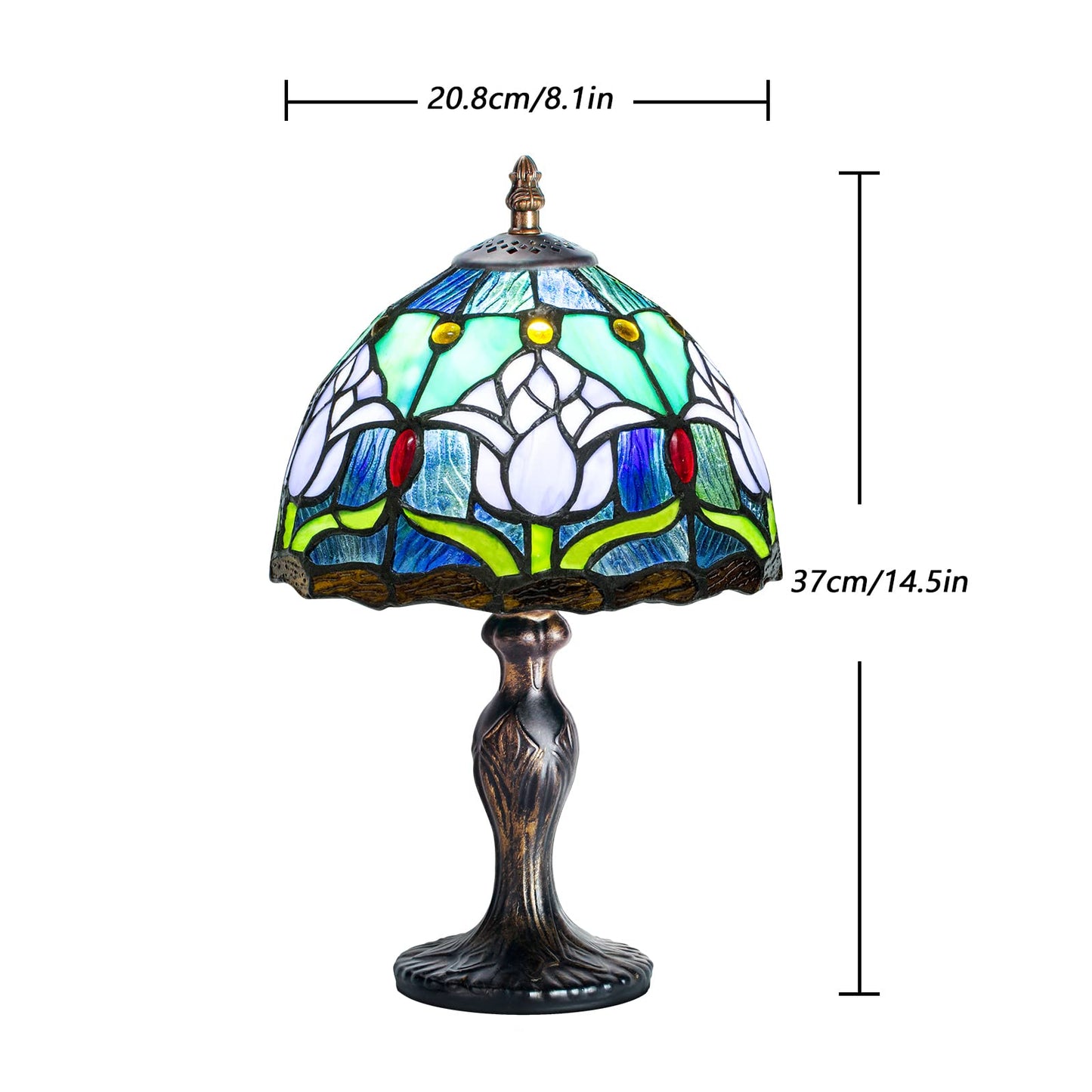 MIAOKE Stained Glass Table Lamp,Stained Glass Crystal Bead Style Table Light, Handmade Desk Bedside Night Light, Antique Art Craft Gifts Lover Living Room Bedroom Bookcase(Blue Tulips)