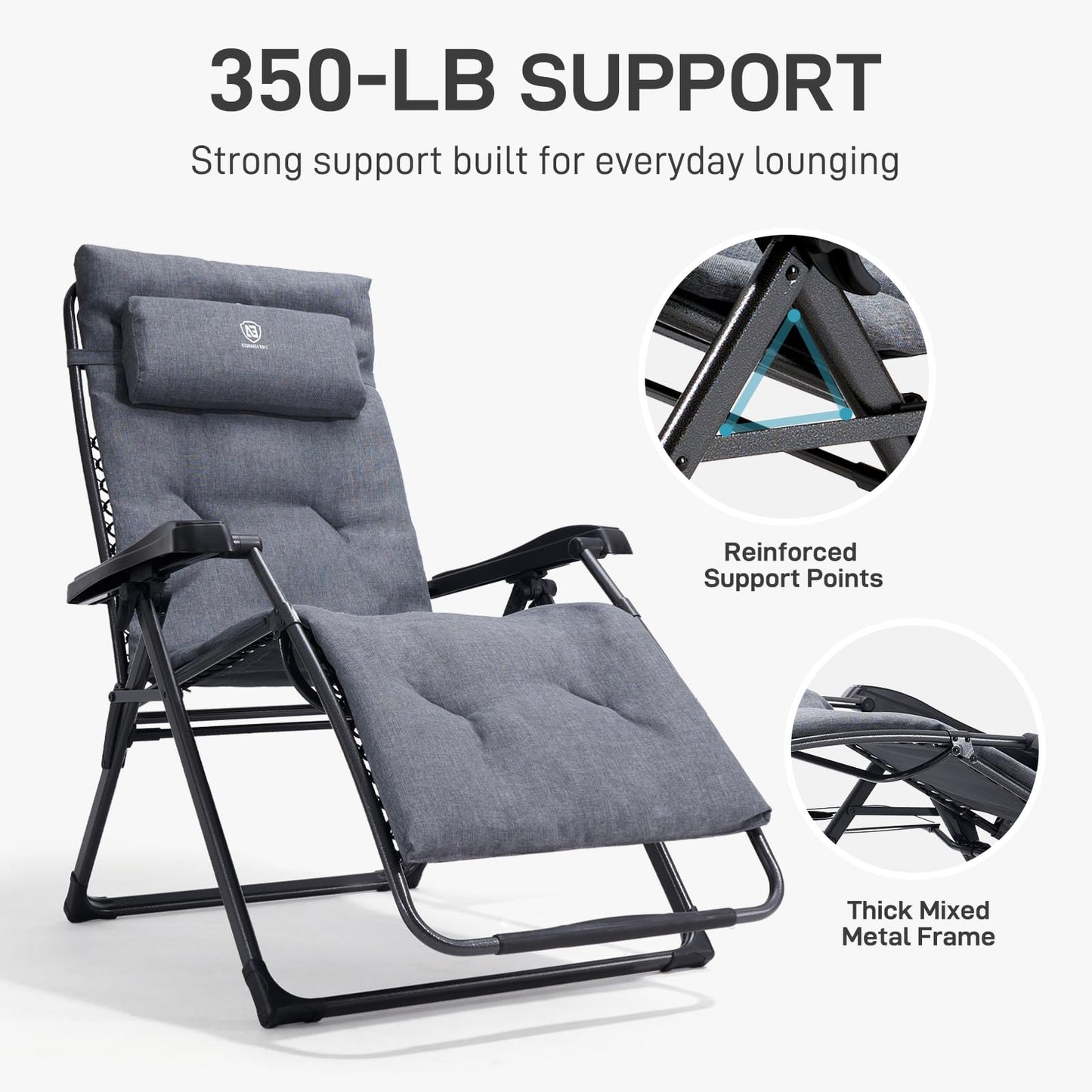 EVER ADVANCED Aluminum Zero Gravity Chair Oversized, Thick Padded Reclining Lounge Chair with Adjustable Headrest & Side Table, Heavy Duty Support 350 lbs, Foldable for Outdoor & Indoor, Gray-2 Pack