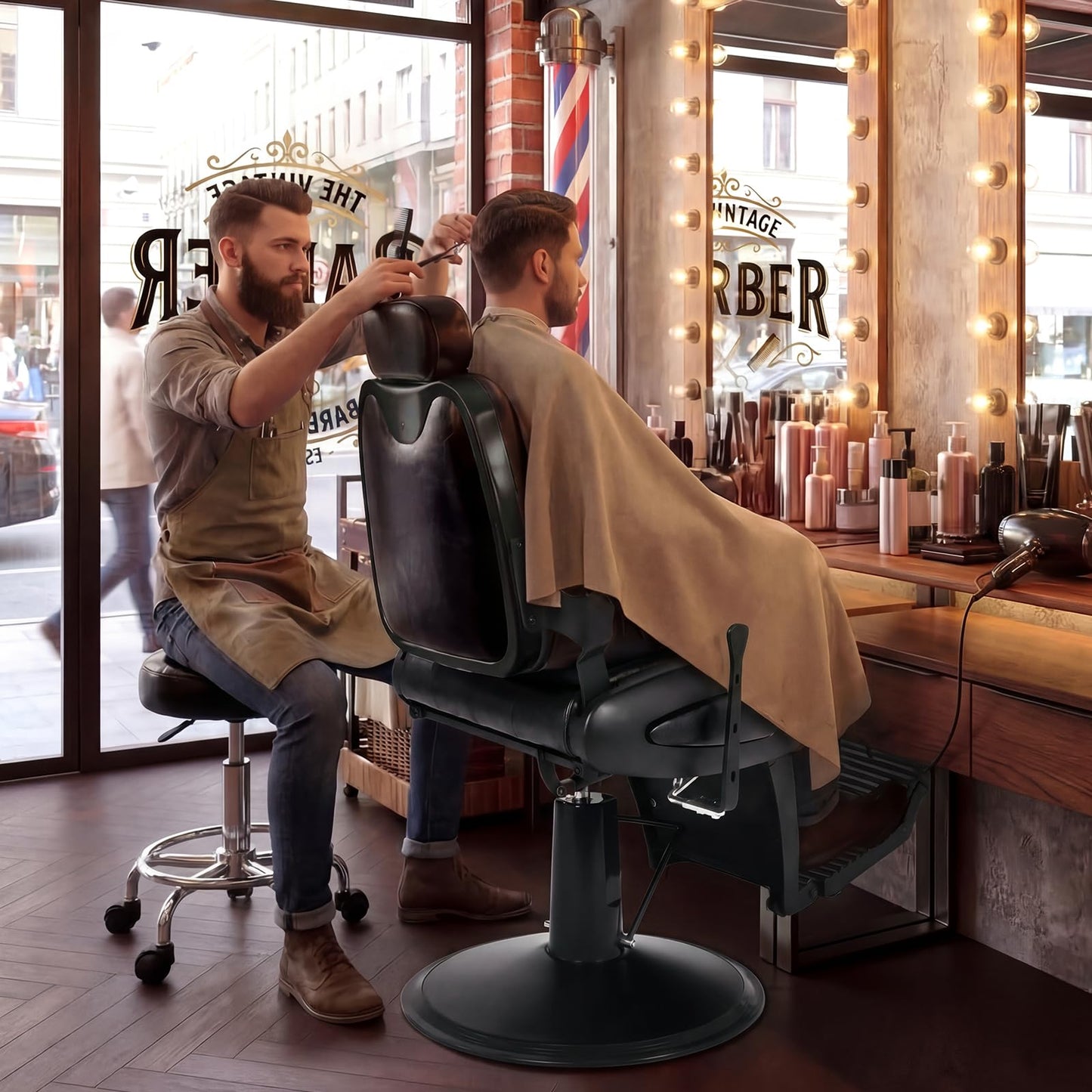 Oakvera Barber Chair with Stool, Heavy Duty Vintage Recline Hydraulic Barber Chair with Towel Bar, 360° Swivel All Purpose Professional Salon Chair Barber Shop Beauty Salon Shampoo Equipment, Black