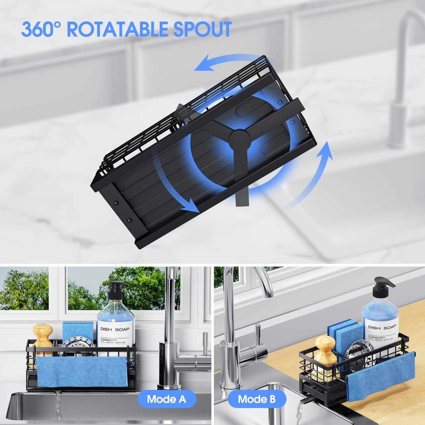 DYFVREN Kitchen Sink Sponge Holder, Rustproof Non-Slip Self-Draining Metal Sink Caddy with Detachable Dish Cloth Holder (Black)