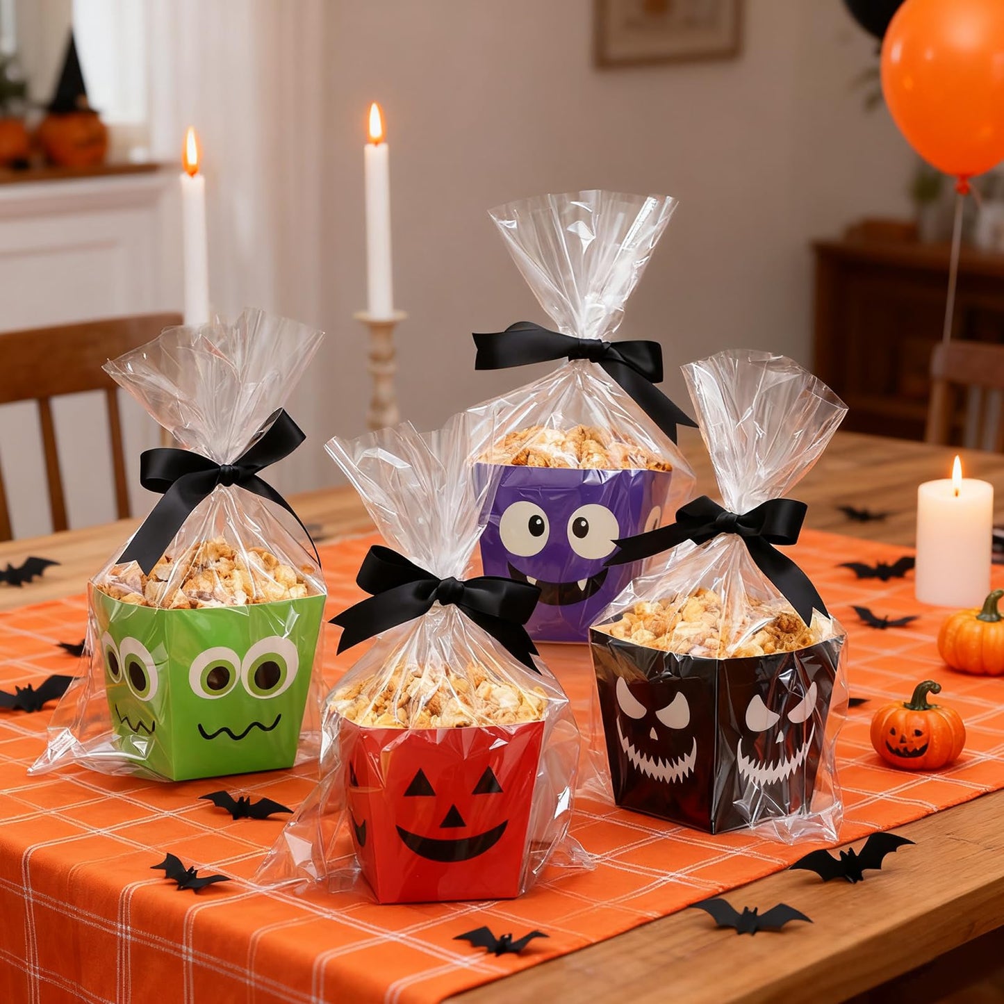 Pajean 24 Sets Halloween Popcorn Boxes with Cellophane Bags and Ribbon, 4.72''x 4.72''x 3.54'' Cardboard Paper Snack Treat Goodie Gift Cookies Candy Boxes for Trick or Treat Halloween Party Favors