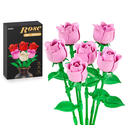 EWED Rose Flower Bouquet Building Set: Artificial Flowers Botanical Collection Blocks Kit for Women Girls Wife Adults Home Decor Thanksgiving Christmas Mother's Day Valentine's Gifts 6-Pack
