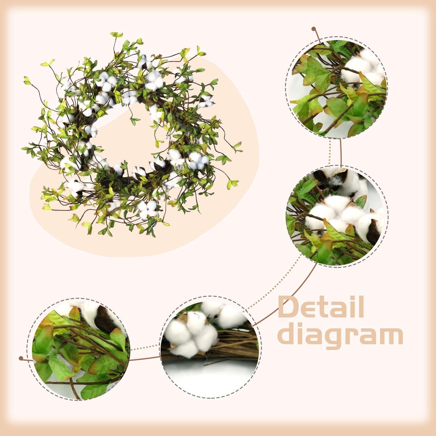 idyllic Green Leaves and Cotton Wreath for Front Door, Artificial Wreath on a Natural Twig Base for Farmhouse, Garden, Wedding, Decor
