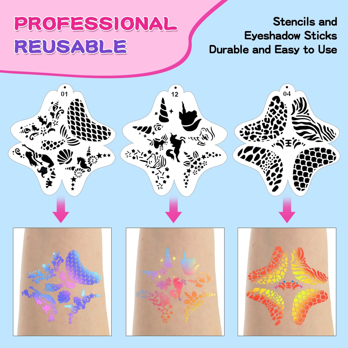 Face Painting Kit for Kids Adults 12X10gm Split Cake Face Paint Palette with 9 Gliters 2 Eye Shadow Sticks 2 Sponges 6 Stencils