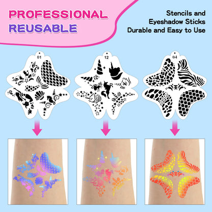 Face Painting Kit for Kids Adults 12X10gm Split Cake Face Paint Palette with 9 Gliters 2 Eye Shadow Sticks 2 Sponges 6 Stencils