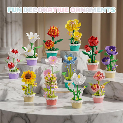 FNSJFYZS 12 Pack Flower Building Blocks, Botanicals Collection Artificial Flowers with Pots, DIY Craft Kit for Home Office Desk Decor, Unique Birthday Gifts for Adults