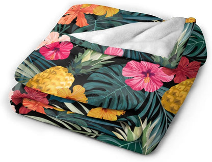 Perinsto 80"X60" Palm Leaves Hibiscus Flowers Hawaii Throw Blanket Ultra Soft Warm All Season Tropical Pineapples Fruit