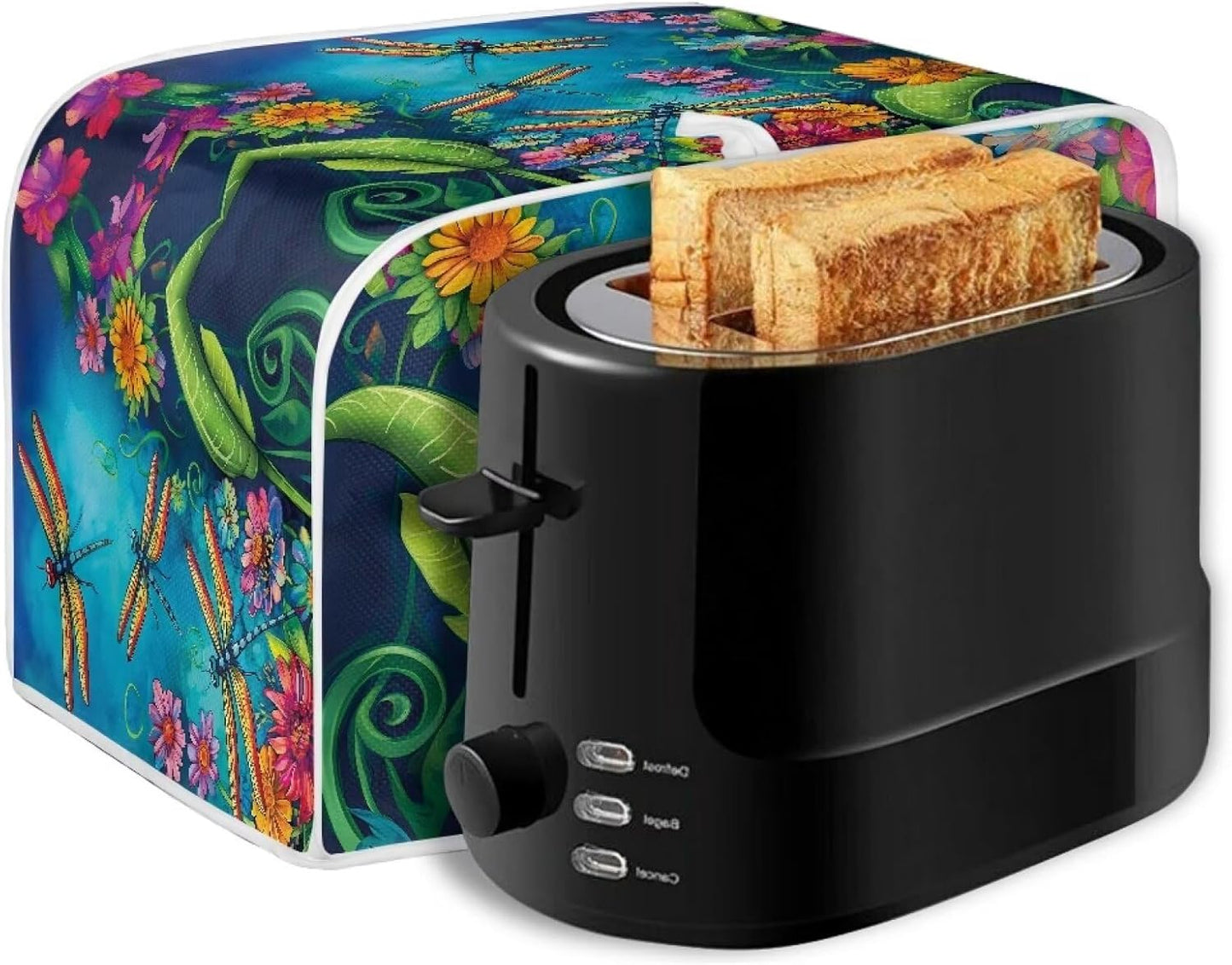 Dragonfly Flower Printed Toaster Cover, 2 Slice Long Slot, Washable Dust Protection for Kitchen Small Appliances