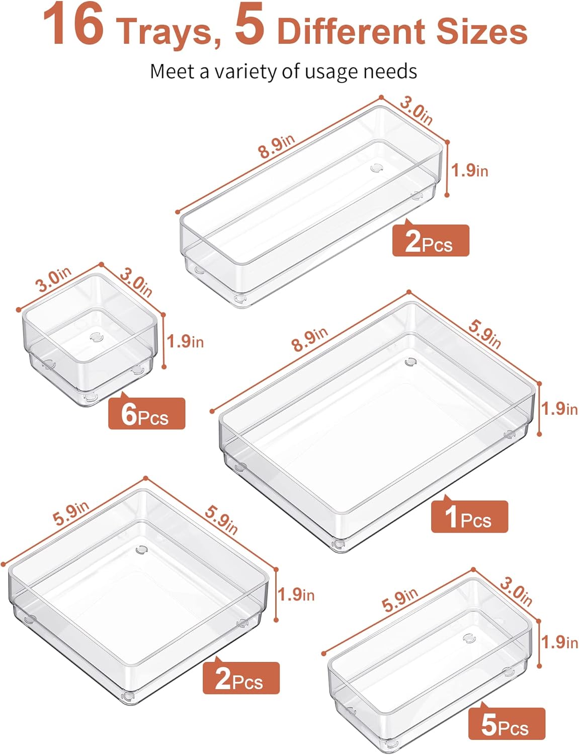 SMARTAKE 16-Piece Drawer Organizer with Non-Slip Silicone Pads, 5-Size Storage Tray for Makeup, Clear