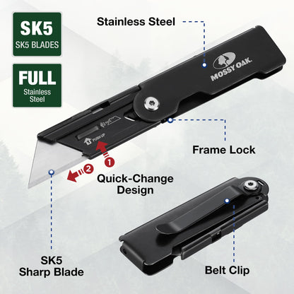 MOSSY OAK 2-pack Folding Pocket Utility Knife Set, Quick Change Box Cutter with Frame Lock, EDC Foldable Razor Knife with Belt Clip, Stone Washed