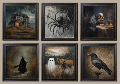 6Pcs Halloween Wall Art Creepy Dark Academia Wall Decor Pictures Ghost Wizard Skeletons Canvas Posters Prints for Gallery Living Room Bedroom Office Unframed