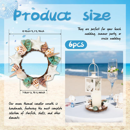 6 Pcs Summer Seashell Starfish Wreath Mini Candle Rings Wreaths Coastal Pillar Candle Holder for Ocean Cruise Wedding Parade Bridal Shower Bachelorette Party Table Decor