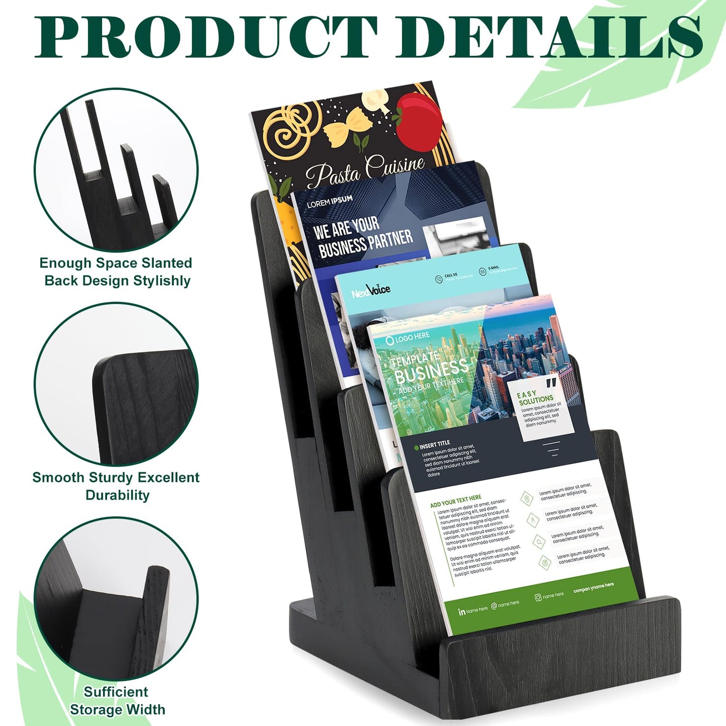 HKSZEH 4 Tier Wood Brochure Display Stand 6 x 9 inch Black Brochure Holder Pamphlet Display Stand for 5.5 x 8.5 inch 5 x 7 inch Booklets Menus Postcard Holder Multi Purpose Organizer