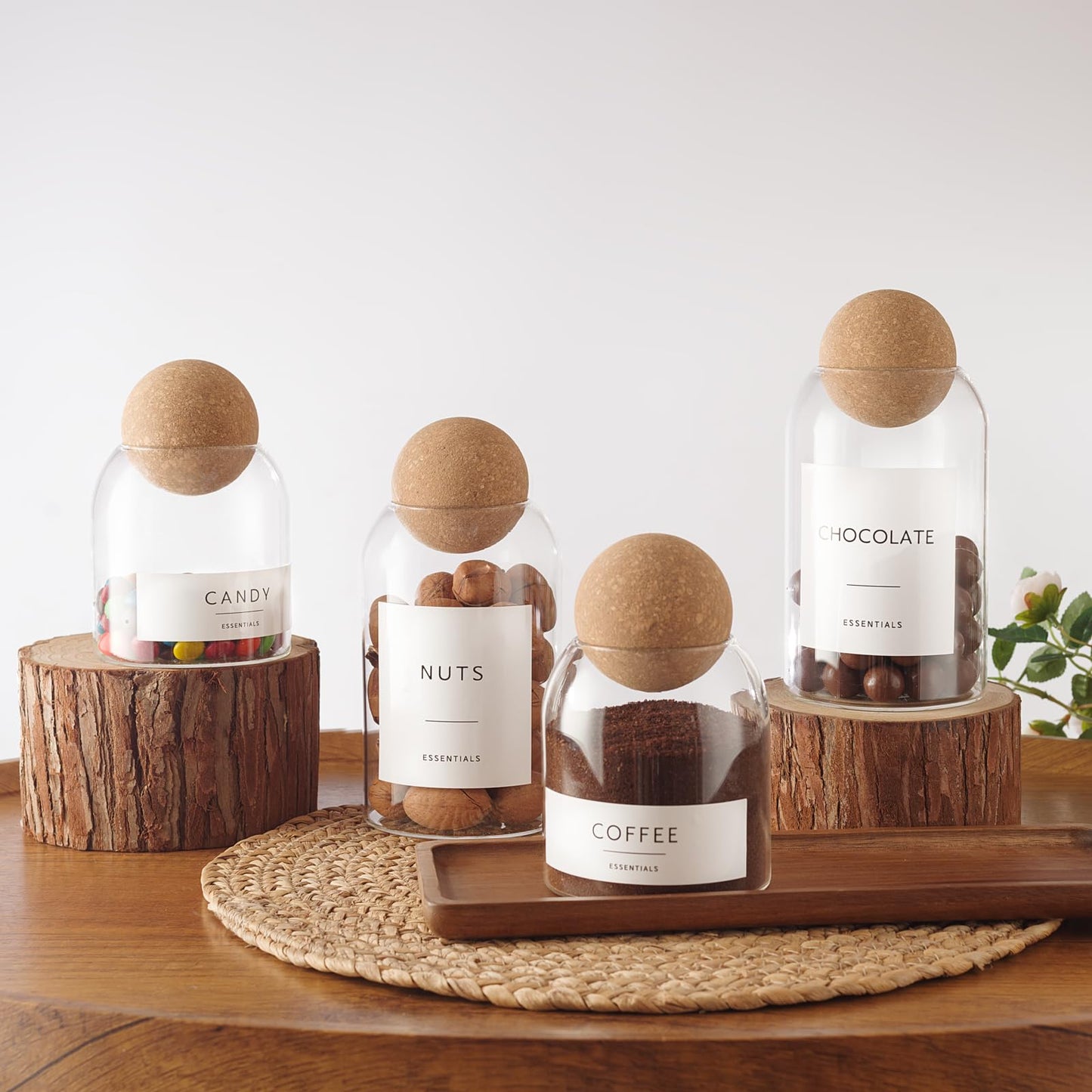 GENSTEUO Glass Jars with Cork Lids, 3 Pack Small Decorative Jars with Acacia Tray, Bathroom Qtip and Cotton Ball Holder Set, Cute Coffee Bar Containers for Sugar Candy Tea, Apothecary Jars (17oz)