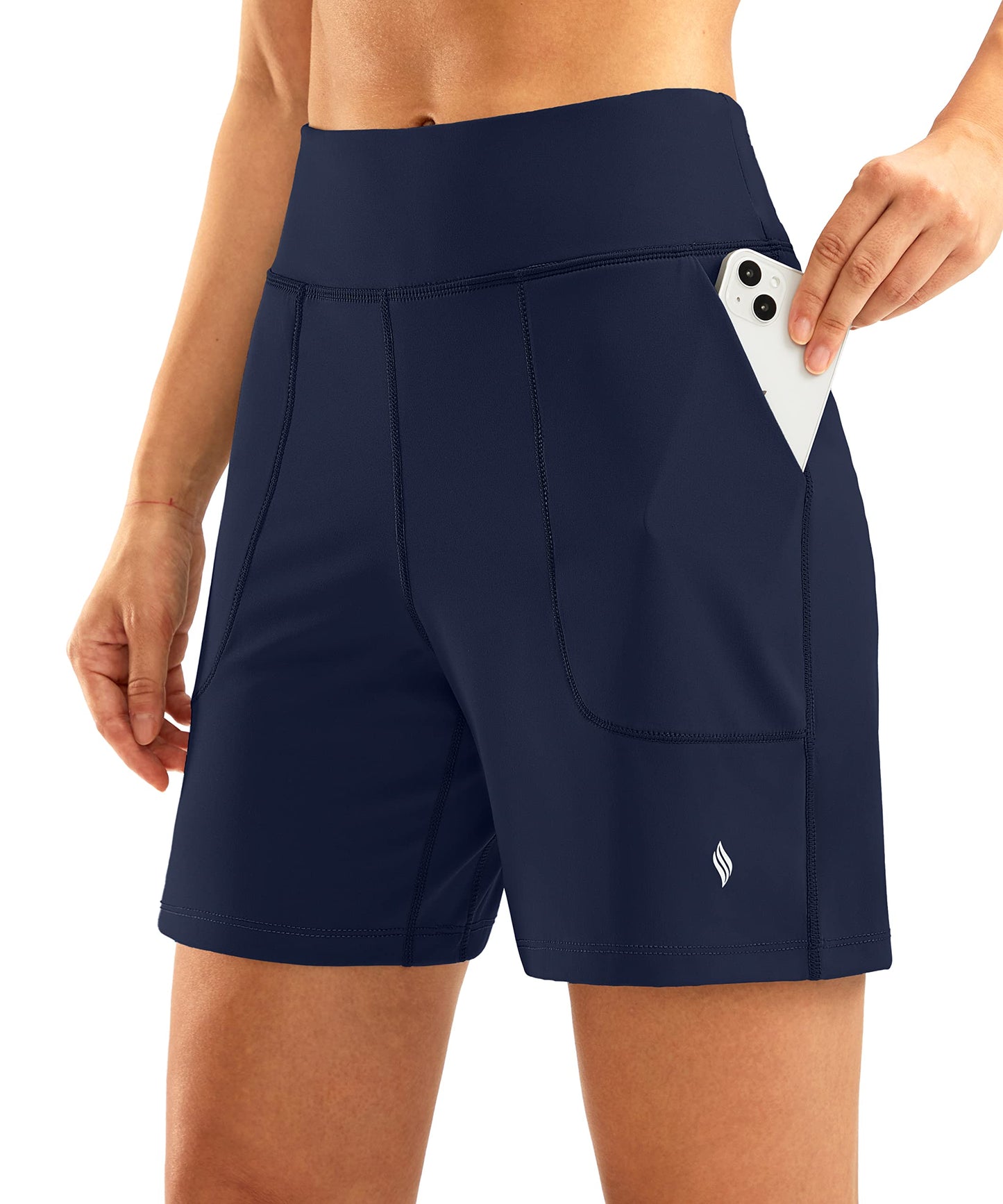 SANTINY Women's 6'' Athletic Long Shorts with 4 Pockets High Waisted Bermuda Shorts for Women Walking Running Casual (Navy_M)