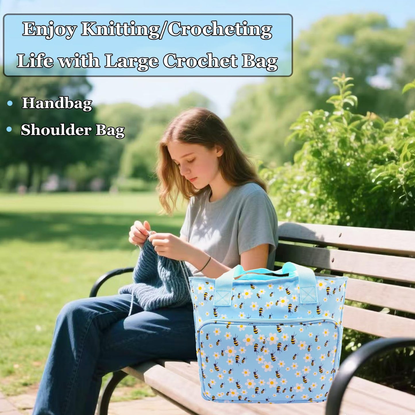 Mdoker Knitting Bags and Totes Organizers Large Crochet Bag Lightweight Yarn Bags for Travel Yarn Storage Organizers for Crochet Hooks,Yarn,Knitting & Crochet Supplies(Blue Bee)
