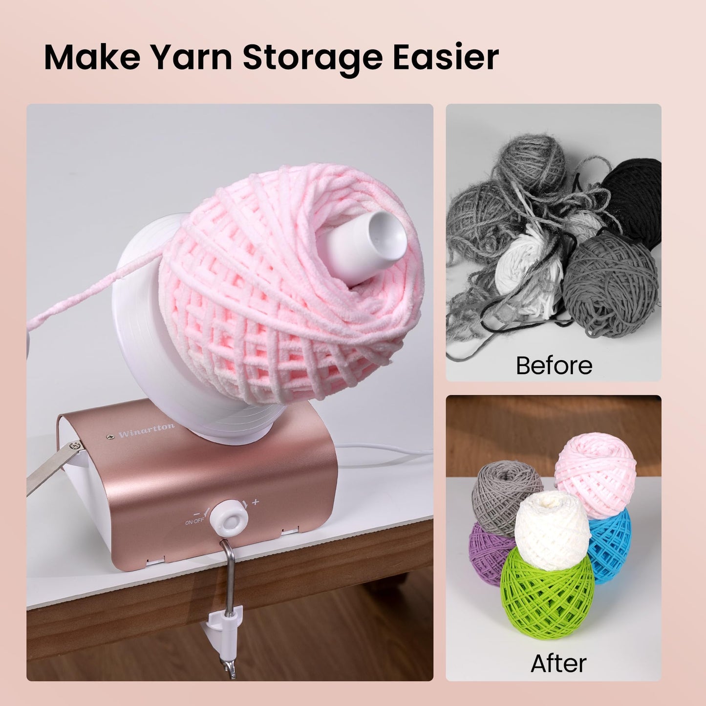 Winartton Electric Yarn Winder, Heavy-Duty Yarn Ball Winder 10 oz Large Capacity, Automatic Yarn Cake Winder Spinner Roller, Crocheting Tools Supplies for Knitting Lovers(Rose Gold)