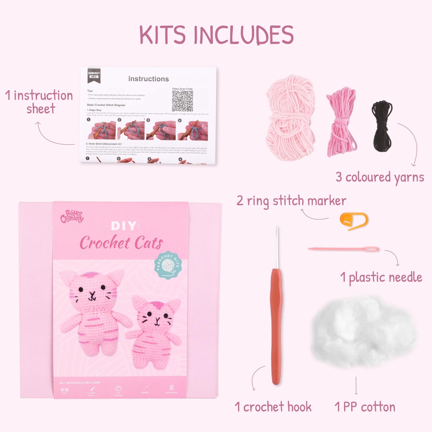 HOUSE CREATIVITY Cat Crochet Kit for Beginners – Make a Variety of Adorable Kittens, Amigurumi Crochet Starter Kit with Yarn, Eyes & Step-by-Step Video Tutorial, DIY Craft for Cat Lovers