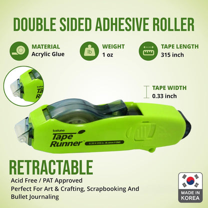 Double Sided Tape with Retractable Dispenser Roller - Permanent, Acid Free, Transparent - 2 Runners & 8 Refill Cartridges - Ideal Scrapbook Supplies & Scrapbooking Supplies Kit - 315 Inches Each