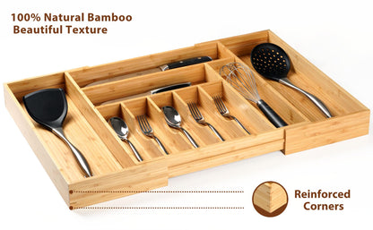Umilife Bamboo Kitchen Drawer Organizer, 13 Inch Silverware Utensil Tray Holder, Extra Deep Grooved Drawer Divider, 7 Slots Total Bamboo Wood Caddy for Flatware Cutlery Knives, Forks, Spoons