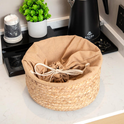 Water Hyacinth Handwoven Storage Basket with Drawstring Lid, 10.24x10.24x12.60in Natural Round Organizer for Nursery, Closet, Shelves & Kitchen