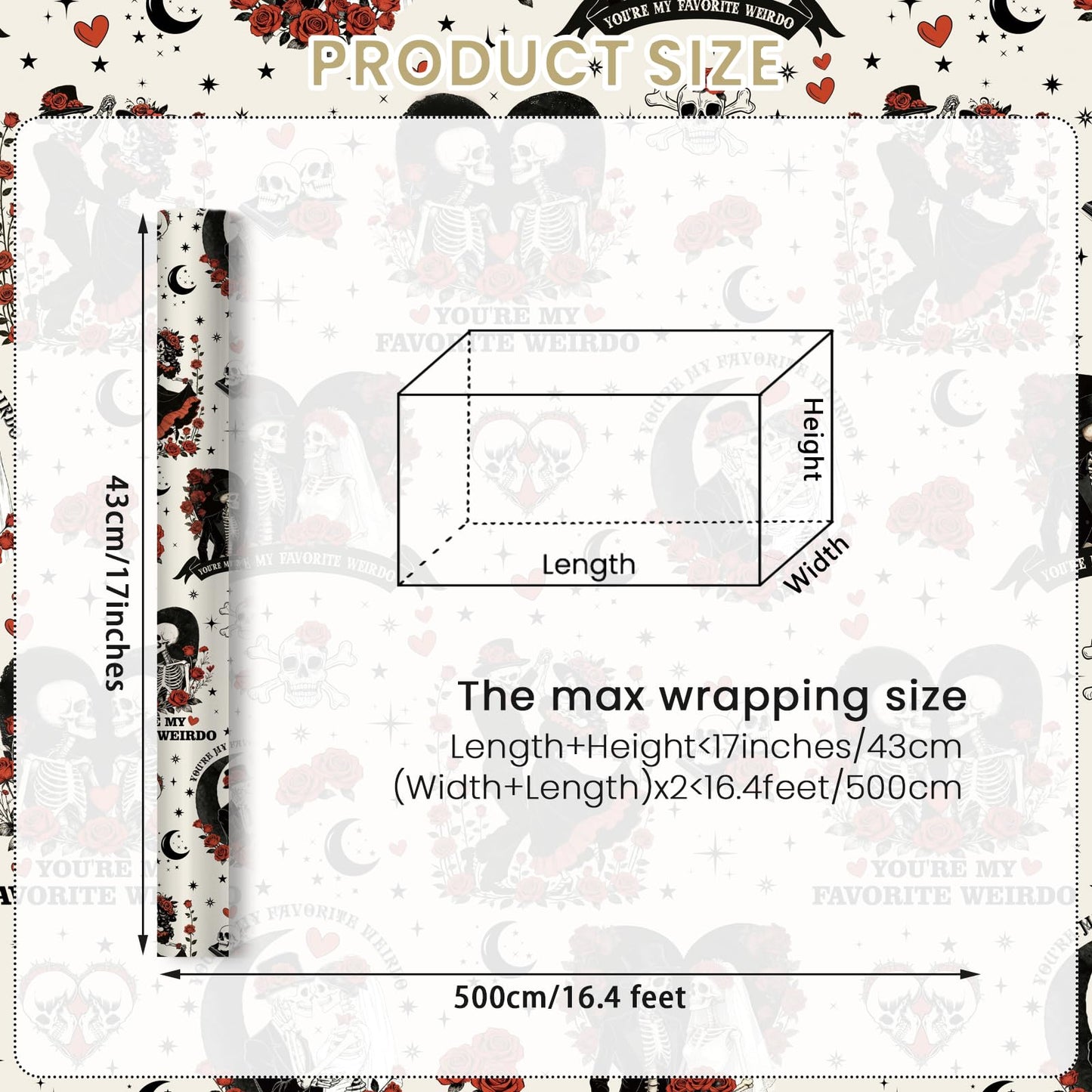 Joviwrap Gothic Anniversary Wrapping Paper Roll, Skull Couple Romantic Wrapping Paper, Black Red Skeleton Rose Present Packaging for Goth Weirdo Lovers Birthday Wedding Halloween, 17 In x 16.4 Ft