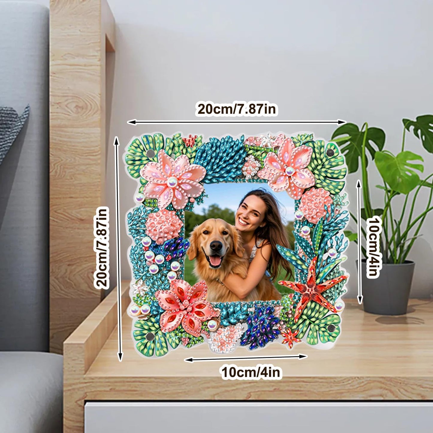 AIRDEA 5D Diamond Art Painting Desktop Photo Frame Ornament Flowers Butterfly Special Shape Diamond Dots Frame Kits for Adults,8x8in/20x20cm (Green Pink Blue)