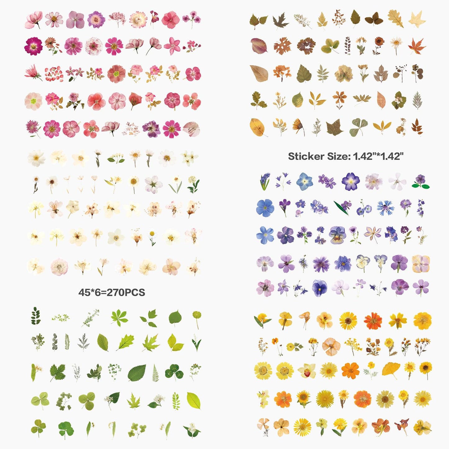 Maxleaf Pressed Flower Stickers Set, 270PCS Dried Flowers Waterproof Stickers Decals Floral Botanical Journaling Stickers for Scrapbook Supplies Junk Journal Bullet Journals Planner Laptops Art Crafts