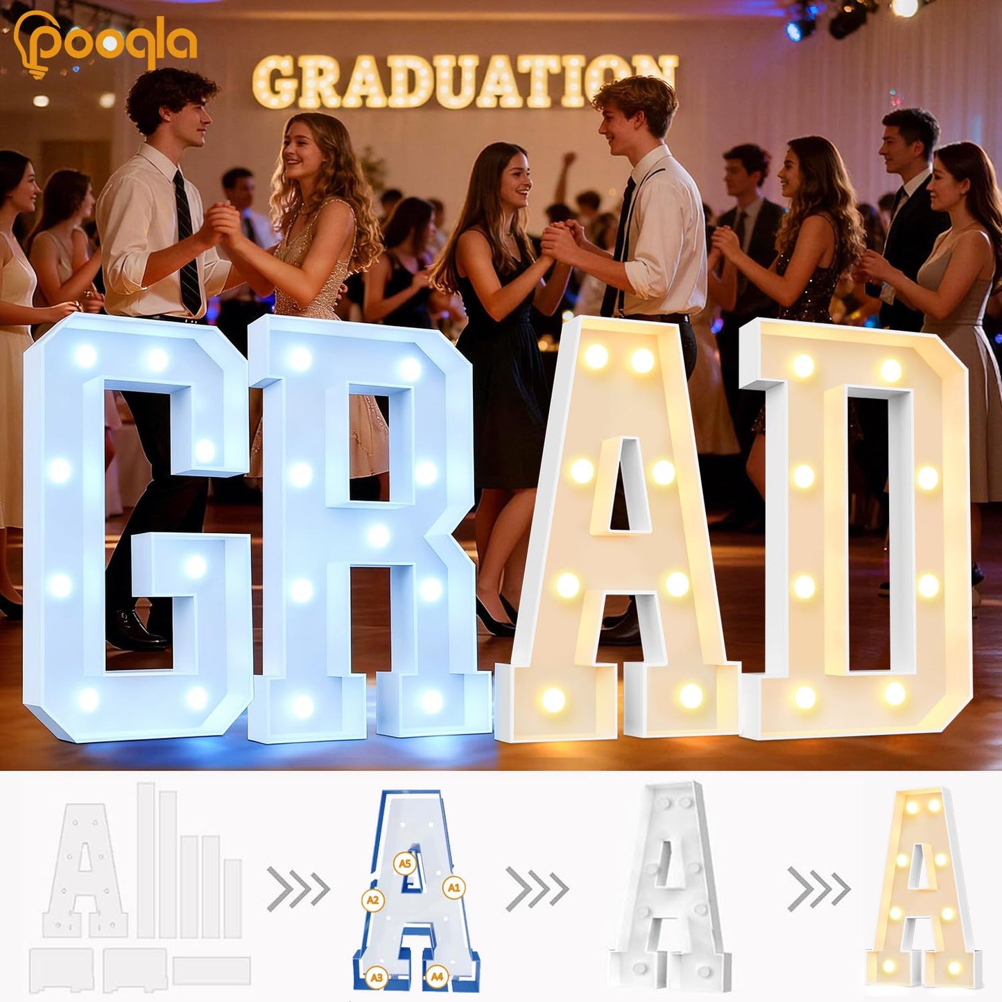Pooqla 3FT Light Up Marquee Letters, Cool White and Warm White LED Large Lighted Marquee Letters, Giant Mosaic Letter Sign for Balloons Birthday Anniversary Wedding Party Decoration, LED A