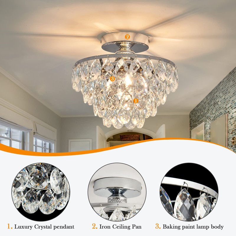 YYJLX Modern E26 Small Crystal Chandelier Semi Flush Mount Ceiling Light Fixture Silver Ceiling Lamp for Hallway Bedroom Bathroom Closet Bedroom Foyer （Chrome）