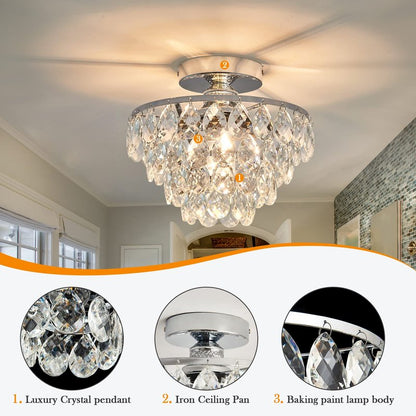 YYJLX Modern E26 Small Crystal Chandelier Semi Flush Mount Ceiling Light Fixture Silver Ceiling Lamp for Hallway Bedroom Bathroom Closet Bedroom Foyer （Chrome）