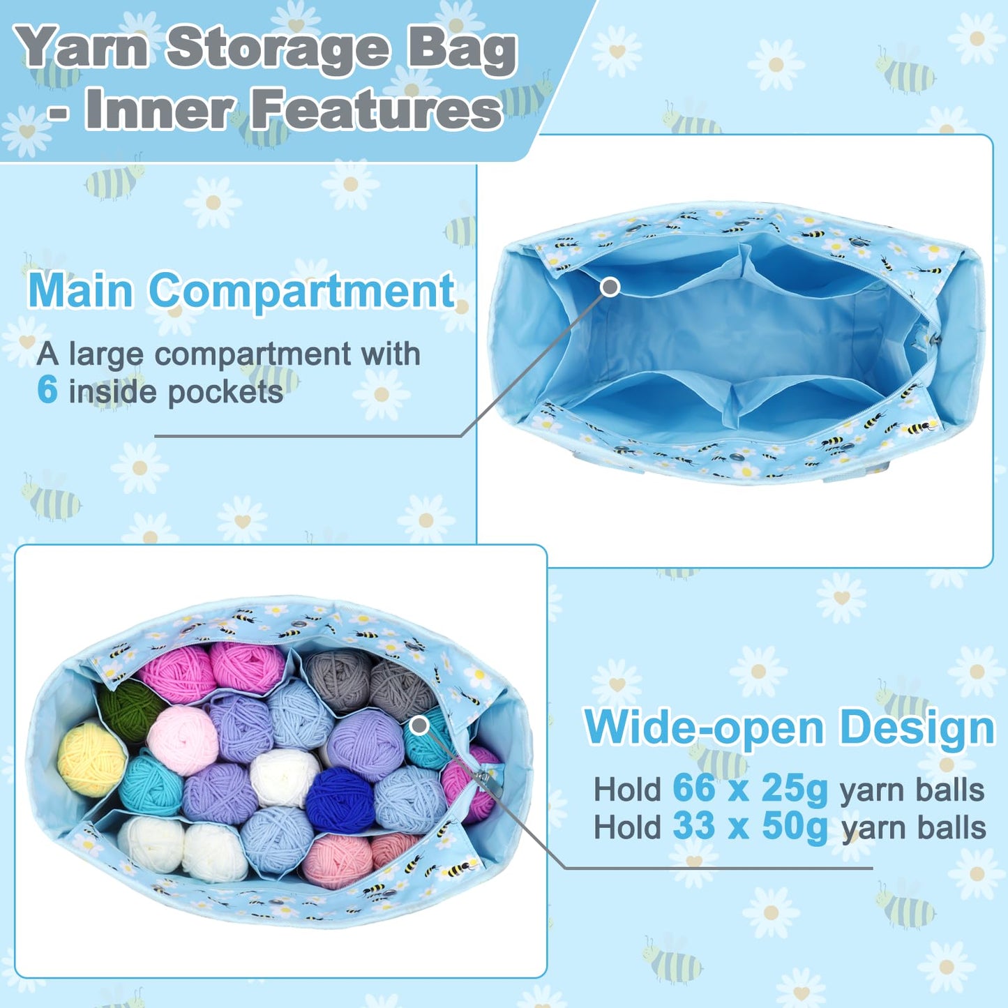 Yarn Storage Organizer Travel Crochet Bag, Large Capacity Tote Bag Knitting Bag for Carrying Projects, Knitting Needles, Crochet Hooks and Yarn, Blue Floral and Bees