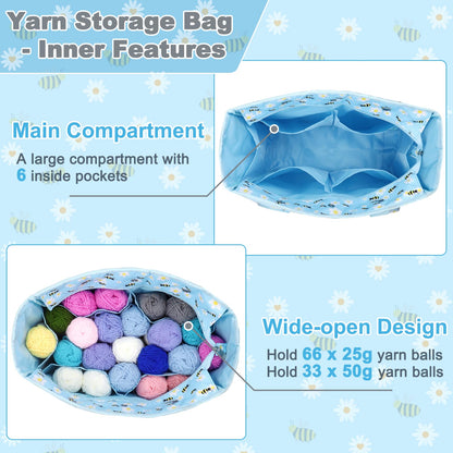 Yarn Storage Organizer Travel Crochet Bag, Large Capacity Tote Bag Knitting Bag for Carrying Projects, Knitting Needles, Crochet Hooks and Yarn, Blue Floral and Bees