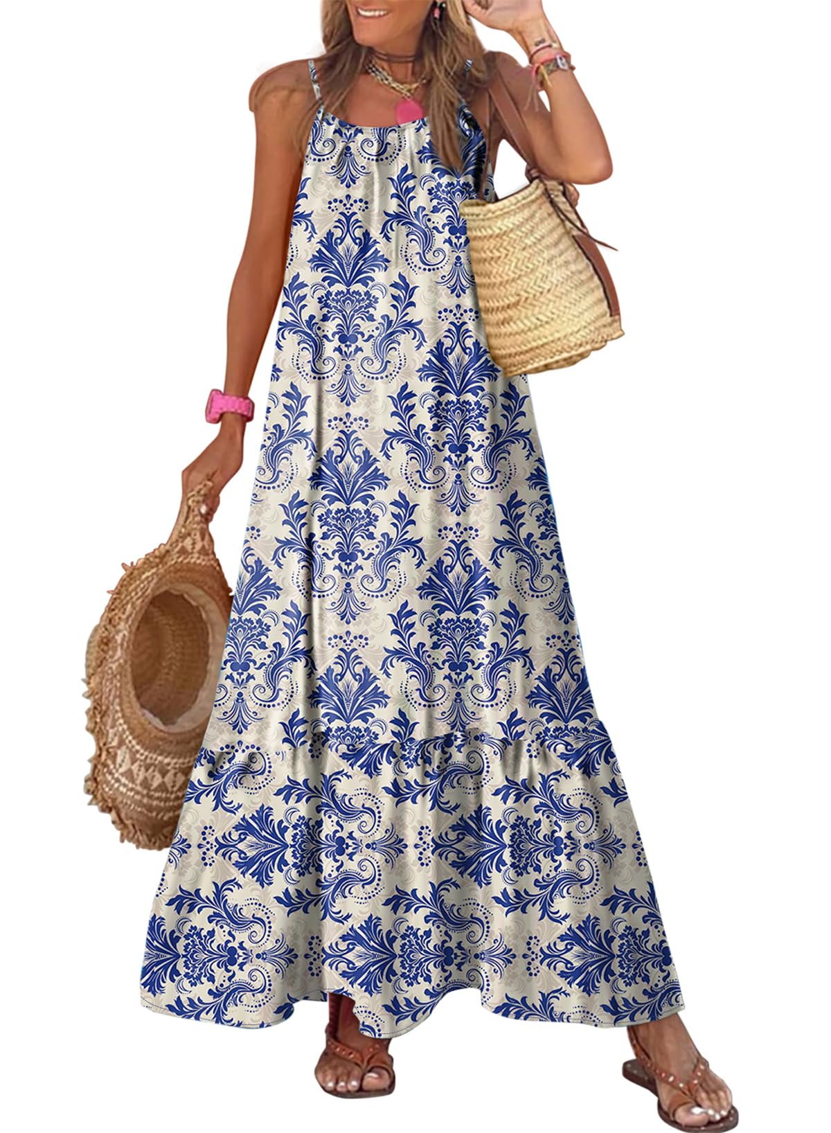 Dokotoo Women Summer Dresses 2025 Spaghetti Strap Scoop Neck Smocked Ruffle Flowy Boho Maxi Dress