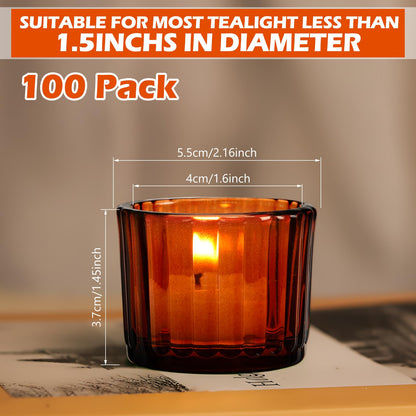Mumufy 100 Pcs Glass Tealight Candle Holder Ribbed Votive Candle Holder for Centerpiece Wedding Proposal Spa Aromatherapy Meditation Home Decor (Amber)