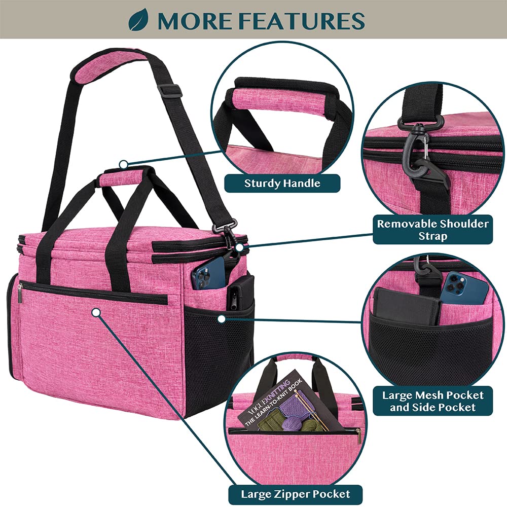 PAVILIA Knitting Bag Yarn Storage Tote - Large Crochet Organizer, Holder for Knitter Projects, Accessories Set, Gifts for Crochet Lovers - Heather Pink