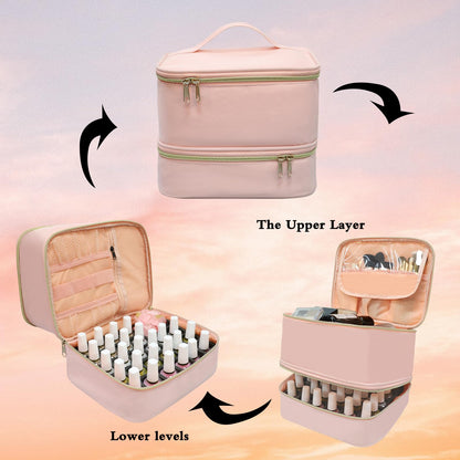 Nail Polish Organizer Case, Double-Layer Storage Holds 30 Bottles + UV LED Nail Lamp, Professional Manicure Kit Carrying Bag with Removable Dividers, Portable Travel Nail Art Supplies Organizer (Pink)