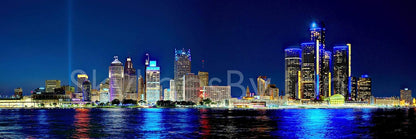 PHOTOSBYJON Detroit Skyline UNFRAMED Photo Print, Night Color City Downtown, 11.75 x 36 inches