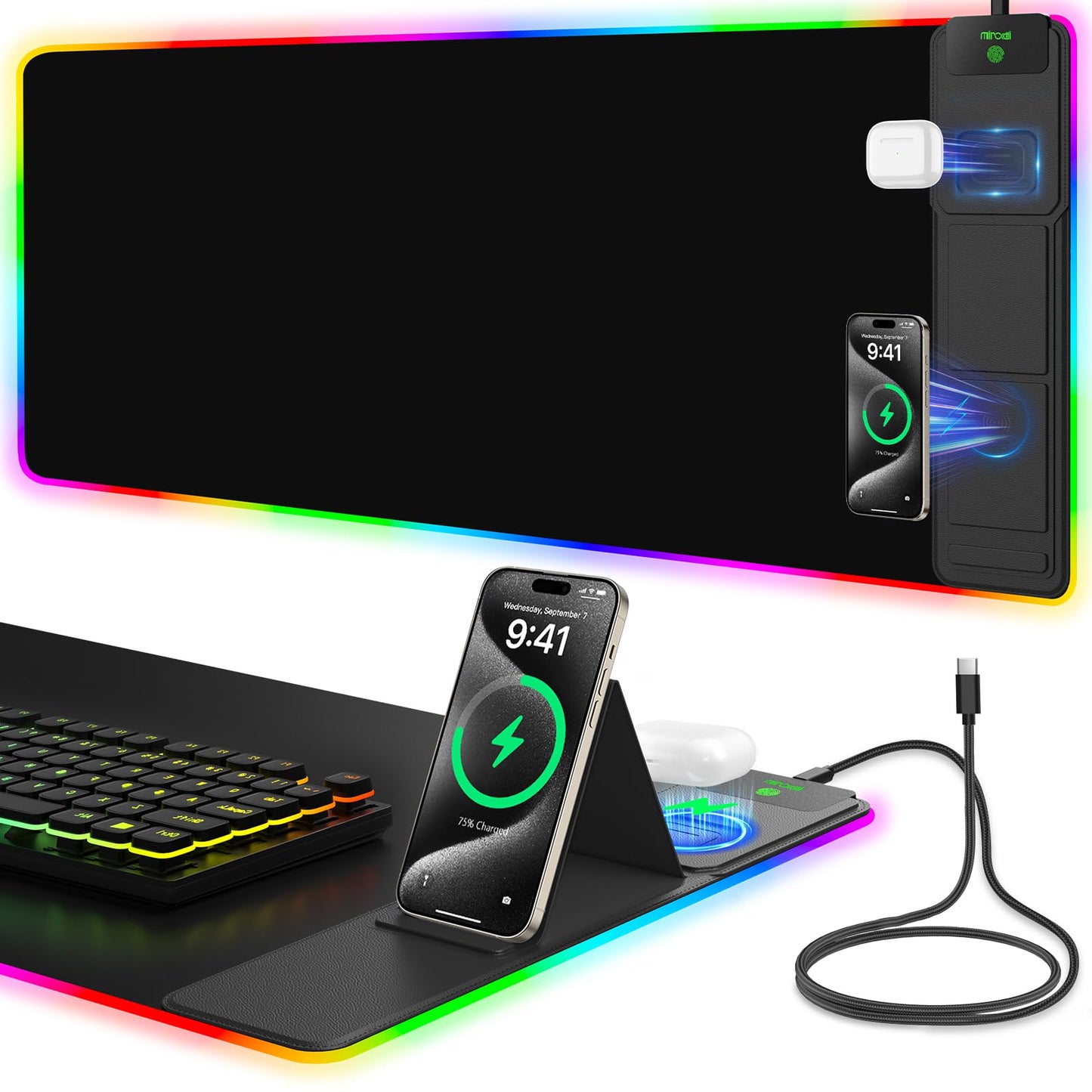 Mouse Pad with Wireless Charging, Large Desk Mat RGB Gaming Mousepad, 10 Light Colors LED Gaming Pad Keyboard Pad with Ultra-Smooth Surface & Non-Slip Rubber Base, Waterproof Full Desk Mouse Pad