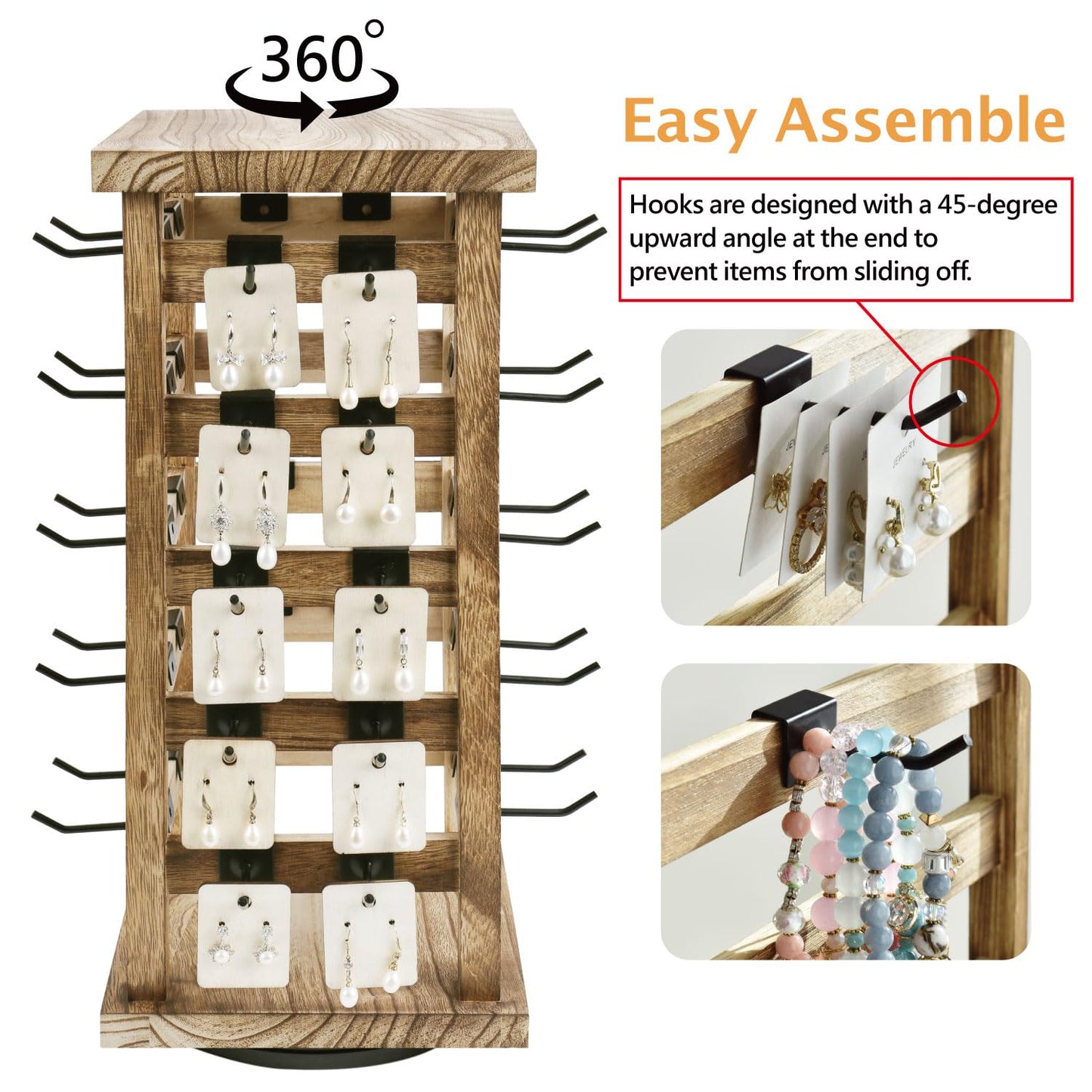 Ikee Design Wood Rotating Jewelry Display, Removable 42 Hooks Earring Display Stand, 5 Bars Earring Organizer Stand, Oak Color