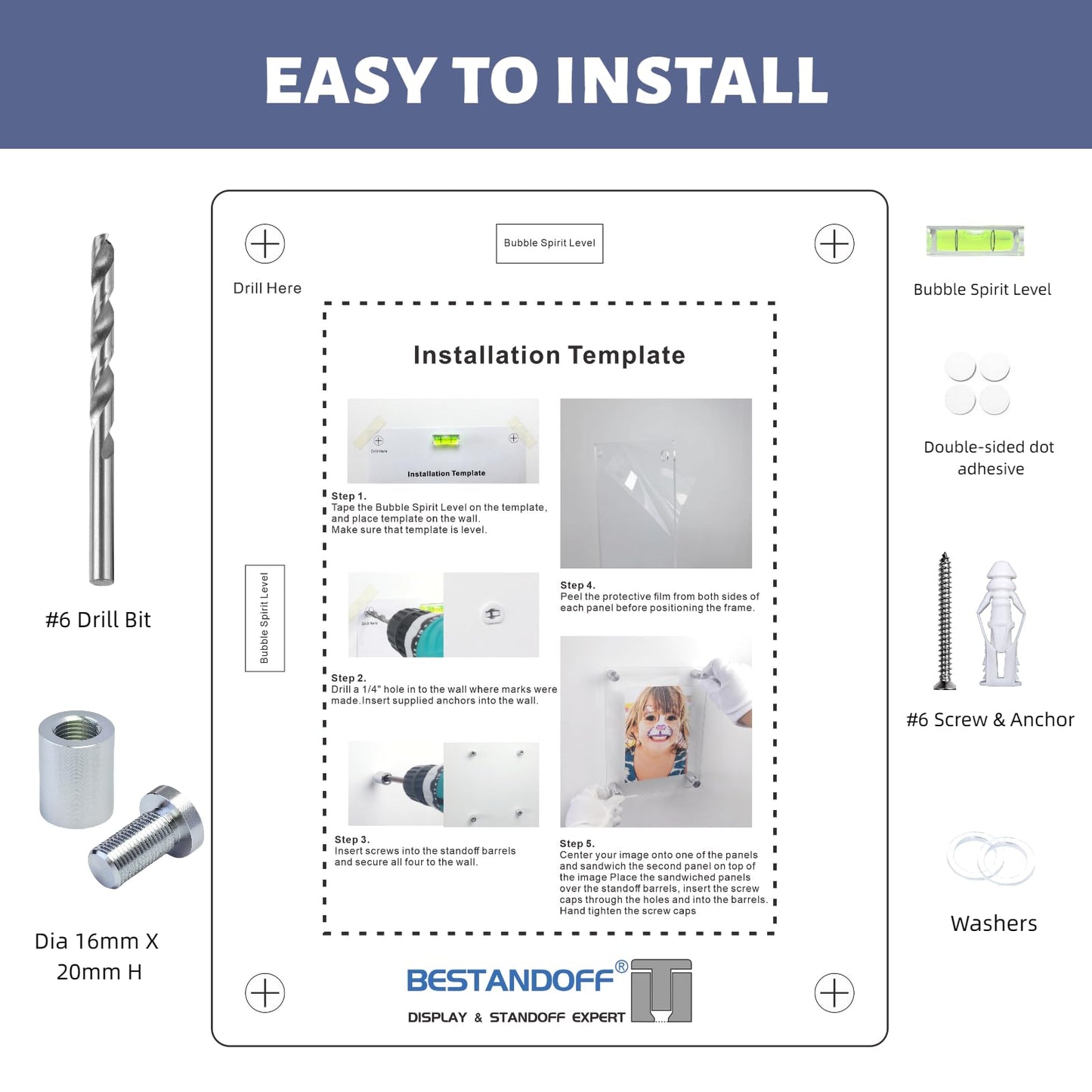 Premium Floating Acrylic Picture Frame with Polished Edges & Silver Aluminum Standoffs - Easy Wall Mount Kit Included: drill Bit, Level, Template. (Silver, Insert Size 8.5"x11", Full Frame 11"x13.5")